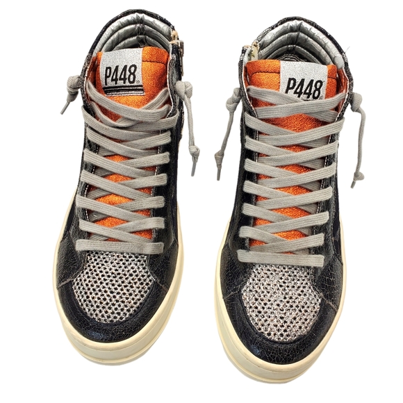 P448 Silver Leather and Black Lace Metallic Fashion High Tops - Picture 2 of 14